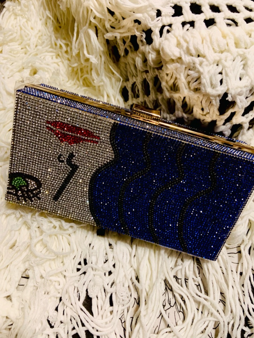 Colorful Rhinestone Face Clutch - Blue Wave Design - Picture 5 of 6